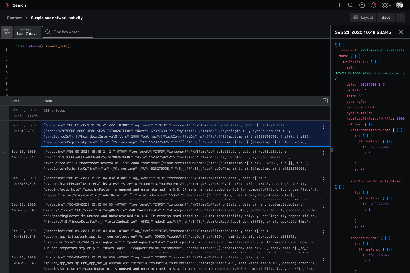Side panel showing formatted raw event text, all nodes expanded