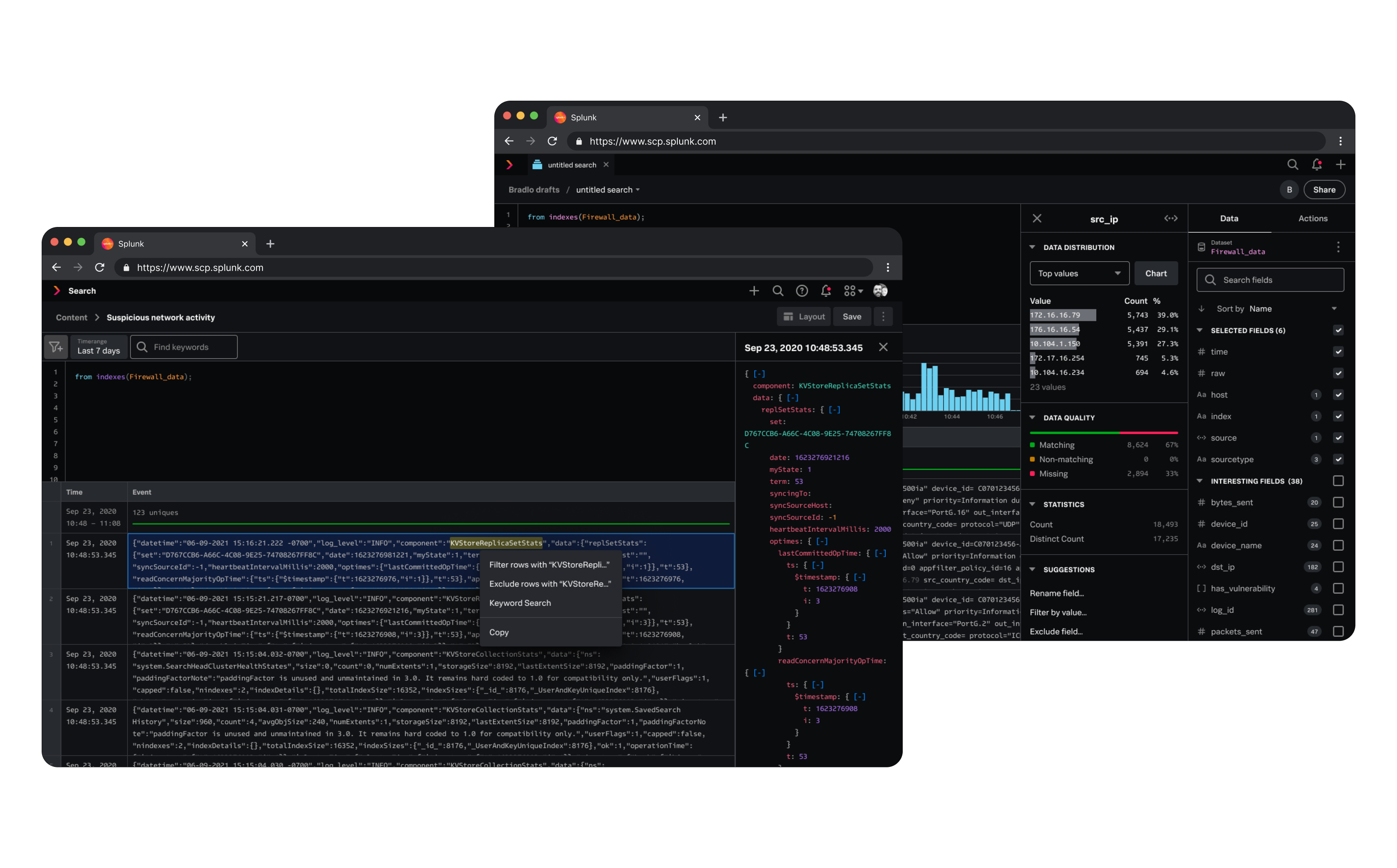 Splunk Cloud Platform search results grid showing the raw data exploration workflow