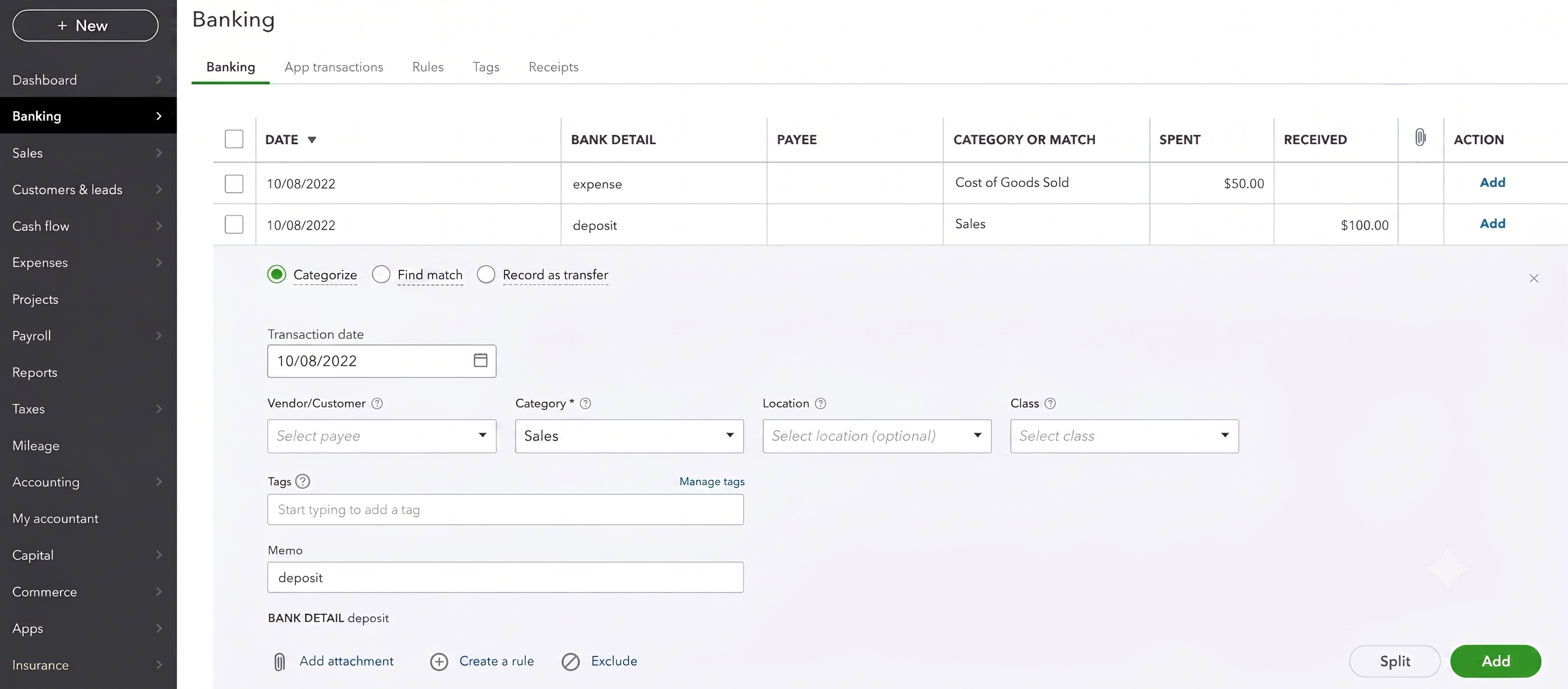 Bank transactions section